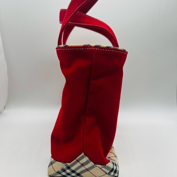 Burberry Red Canvas Tote with Plaid Accents and Top Zipper - Picture 3 of 16
